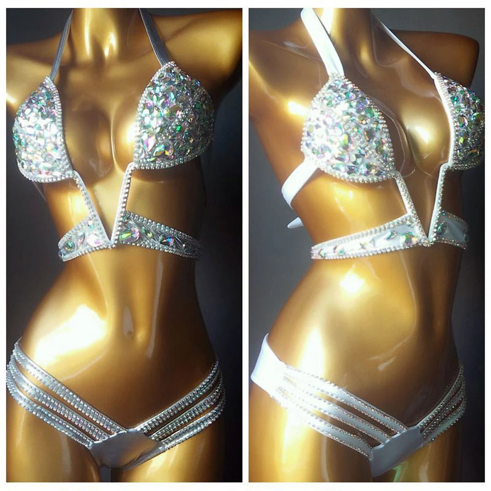 6 Color Luxury Bikini Set Women Bling Diamond Carnival Bra Crop Top Crystal Panties Rave Festival Outfit Club Wear