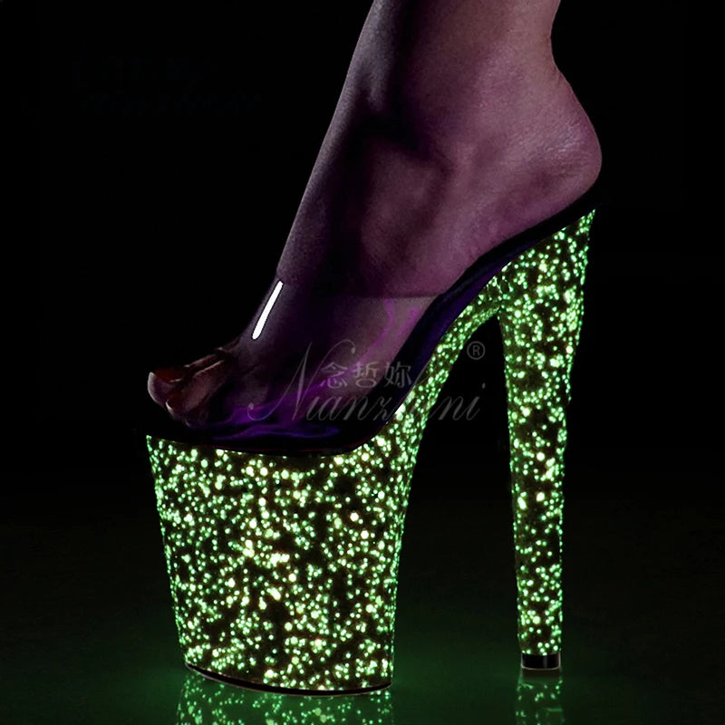 New Style Luminous Flash Powder Women Slippers 20CM Super High Stripper Heeled Pole Dance Shoes 8 Inches Novelty Concise Sexy