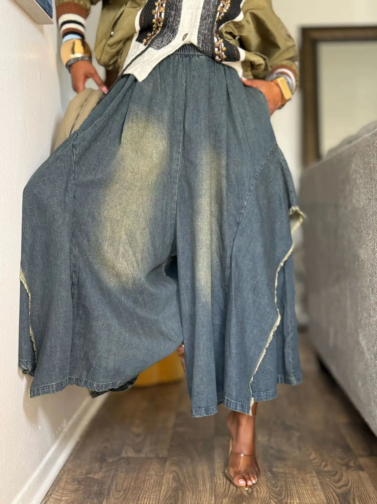 S-3XL Plus Size Women's New High Waist Raw-Edge Retro Wide-Leg Loose Denim Jeans Skirts  Autumn Winter Spring Quick Dry Girls Casual Streetwear Apparel Accessories