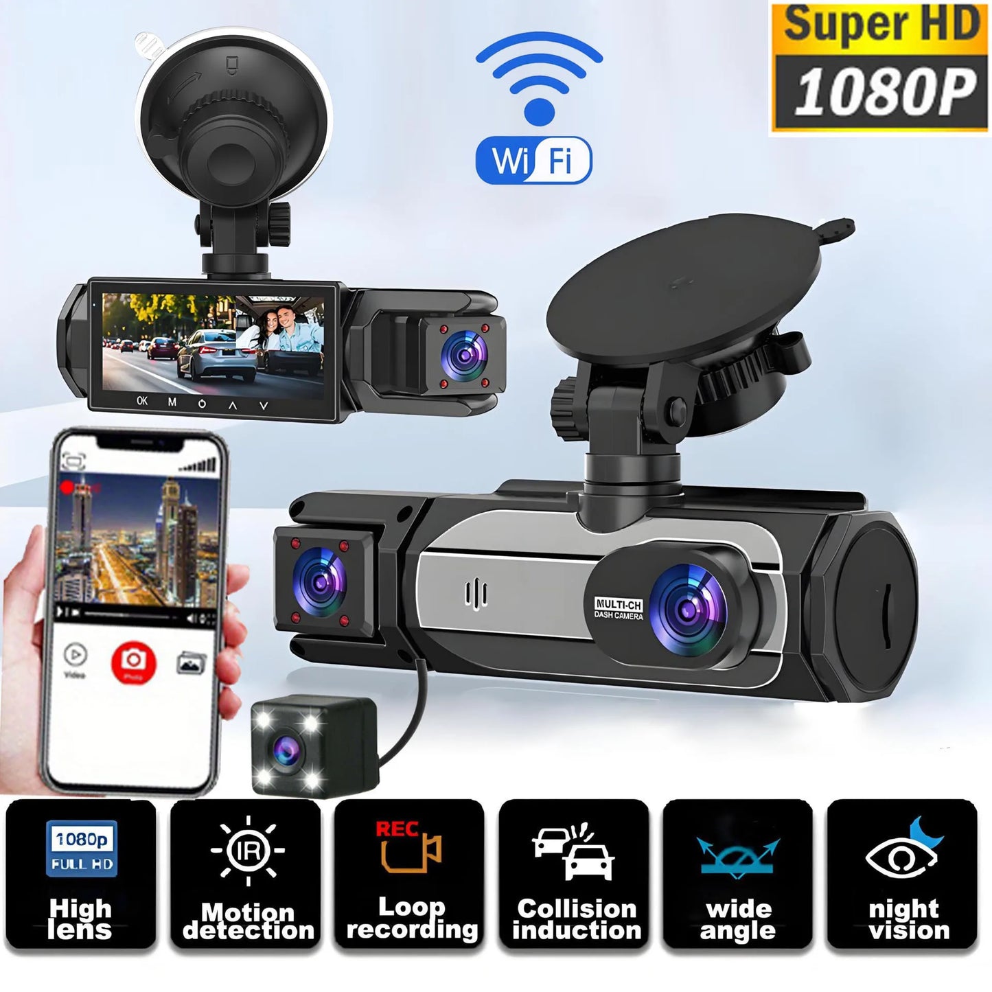 New 3 Lens Car Recording 1080P 150* Angle Driving Recorder Human Motion Sensor Detection Collision Induction Infrared Night Vision Loop Recording Vehicle Safety Devices Security Supplies