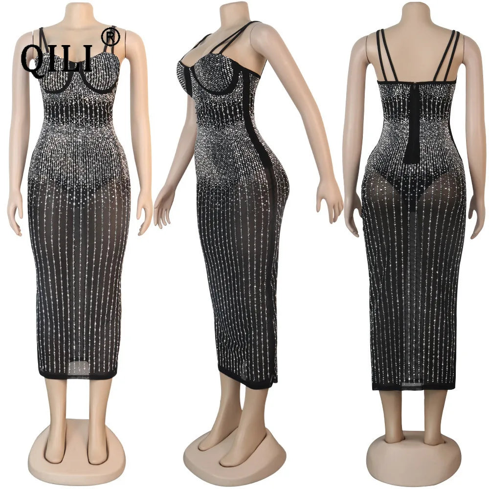 NEW Arrivals S-3XL UK Plus Size Chubby-Women's Sexy Spaghetti Strap Mesh Diamonds Dress, Sleeveless, See Through Rhinestone Dresses,  Evening Party Club Dress, Mid-Calf Ladies Luxury Fashion Apparel Supplies