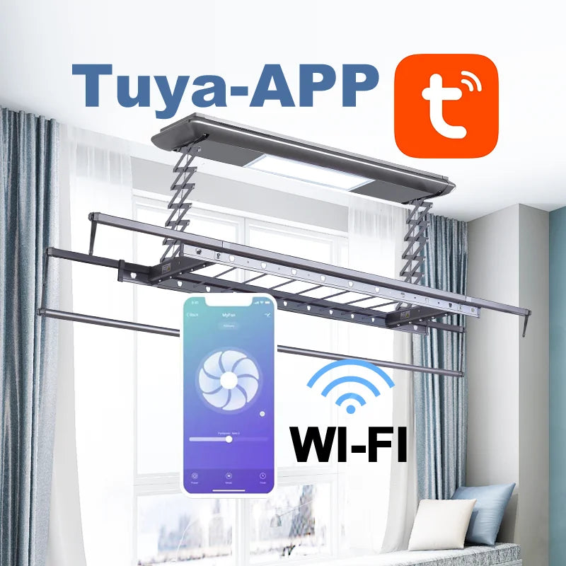 TUYA APP Control Wi-Fi Automatic Lifting Led Lighting  Intelligent Ceiling Hanger Remote Control Foldable Electric Dryer Indoor Outdoor Aluminum Pipe Smart Laundry Supplies