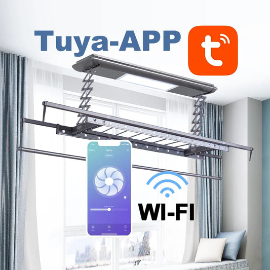 TUYA APP Control Wi-Fi Automatic Lifting Led Lighting  Intelligent Ceiling Hanger Remote Control Foldable Electric Dryer Indoor Outdoor Aluminum Pipe Smart Laundry Supplies