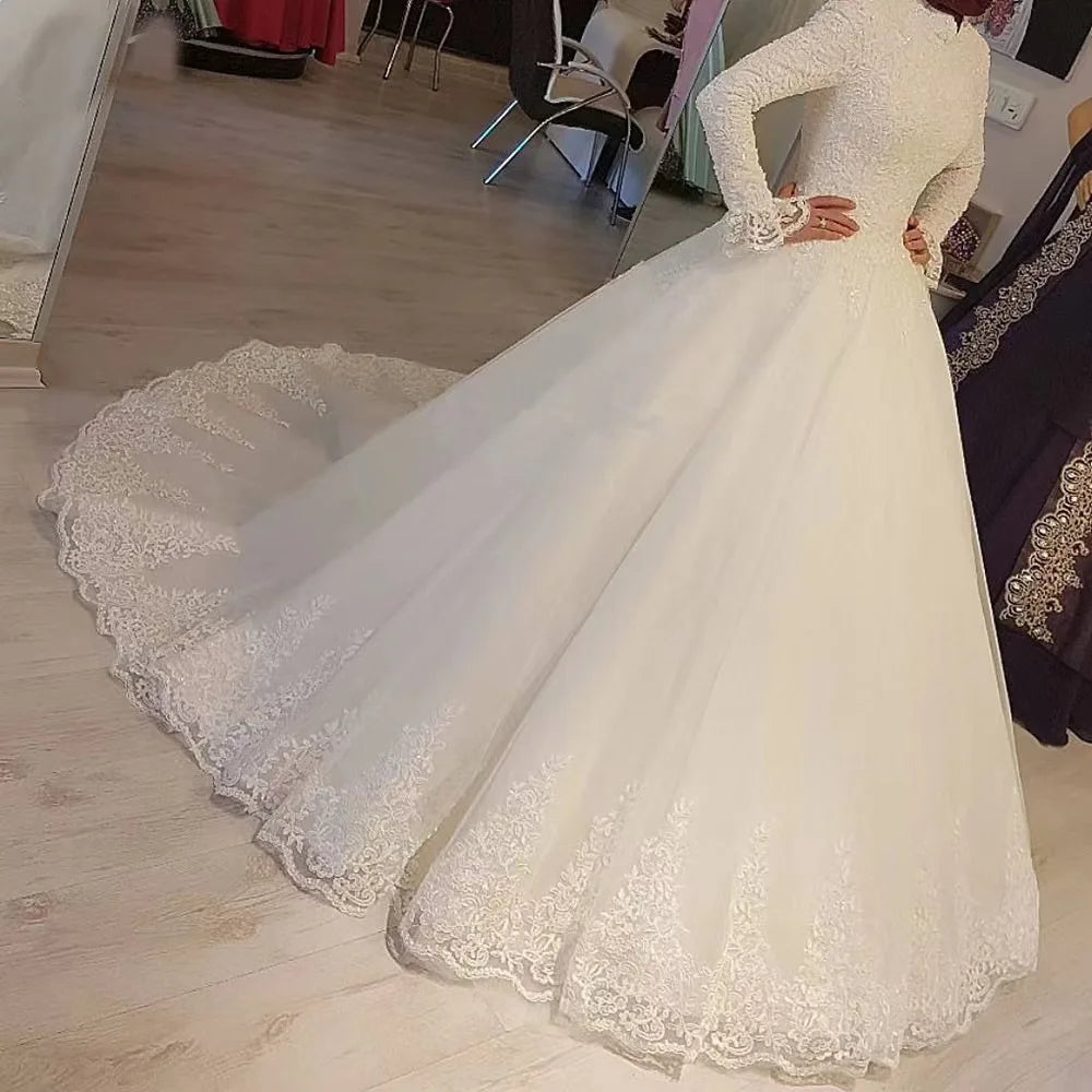 New Arrivals Islamic Wedding Long Sleeve Stand Collar Turkish Istanbul Muslim Women Modest Wedding Dress Plus Size Lady Bridal Gown With Long Sweep  Train Religious Ceremony Luxury Apparel Supplies