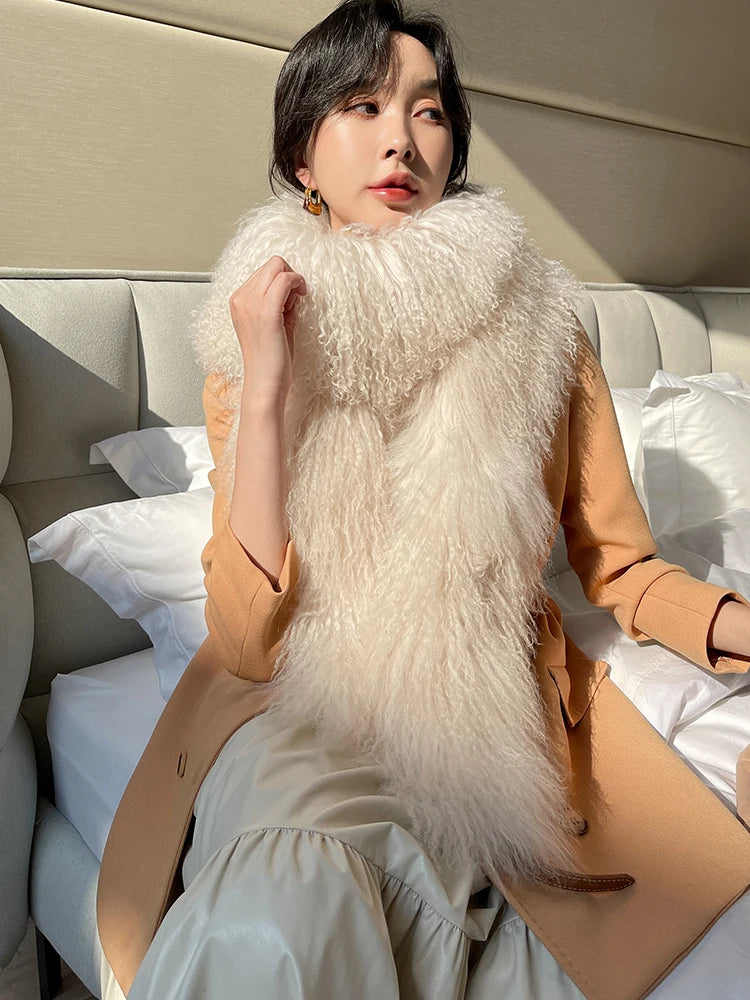 175cm Long 4 Colors Top Quality Mongolian and Tibet 100% Natural Sheep Fur 175cm Big Shaggy Scarf Double-Sided Long Thickened Winter Whole Skin Real  Fur Collar Evening Business Party Prom Ladies Luxury Apparel Accessories.