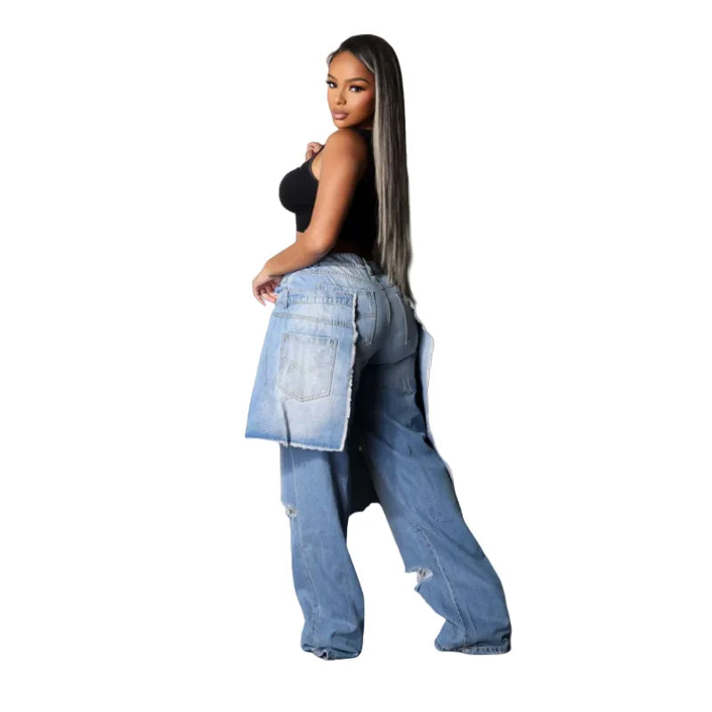 TikTok Most Popular S-2XL New Casual Straight-Leg Jeans Stretch Denim Fabric Fashionable Ripped Style Popular Europe America for Autumn Spring Summer Streetwear Female Casual Clothing Supplies