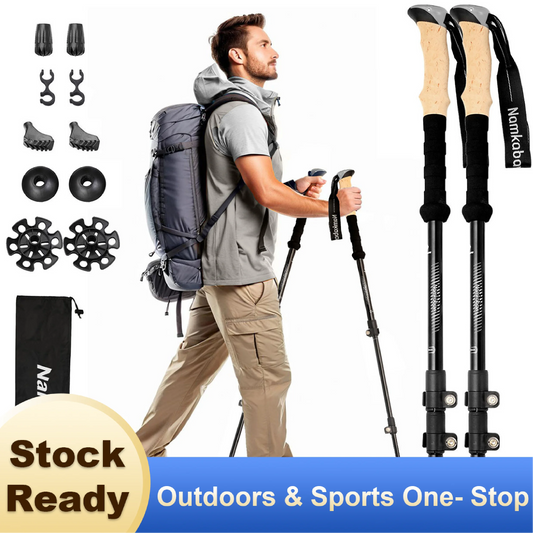 2 PCS Set Modern Durable Portable Outdoor Aluminum Alloy 3-Section Adjustable Length Telescopic Hiking Walking Stick Wood-Like Handle Climbing Walking Hiking Sports Activities Accessories