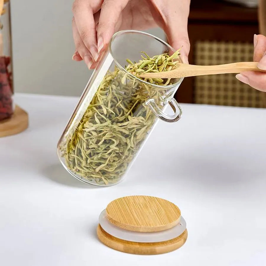 4-8 PCS + Bamboo Spoons Set Wide Mouth Glass Airtight Lid Spice Coffee Containers Glass Tea Canister Set Food Storage  Home Cooking Tools Sets Kitchenware Supplies