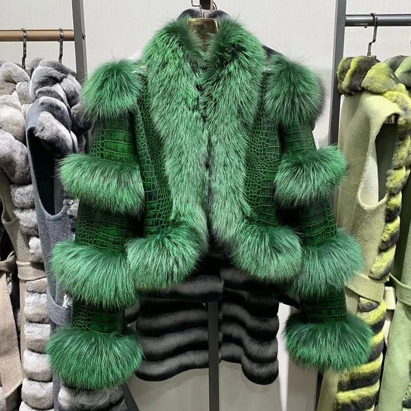 NEW Arrivals 8 Colors 100% Real Sheep Leather Croco Pattern Women's Jacket Natural Fur Trim Luxury Leather Fur Outerwear Coat Winter Warm Coats for Night Clubwear Evening Party Luxury Jackets Women Winter Apparel Supplies.