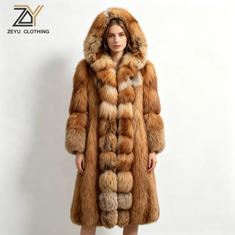 S-5XL Plus Size 4 Colors Premium Ladies Winter Luxury Hooded Artificial Fox Fur Coat Long Thick Warm Fluffy Fur Overcoat Women's Fashion Winter Outerwear Windproof Jacket Faux Fur Coats