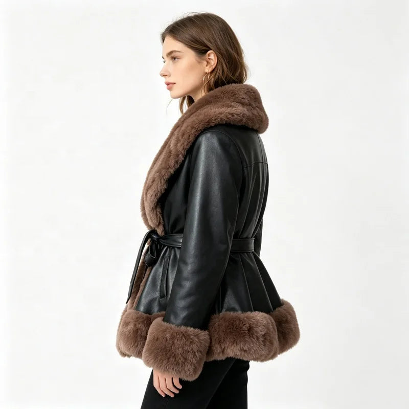 NEW Design 5 Colors UK (6-20) Large Size Women's Faux Fur Coat Collar/Cuffs Belted Waist Winter Warm Eco-Friendly Windproof Outerwear Plain Dyed Women Autumn Winter Clothing Supplies