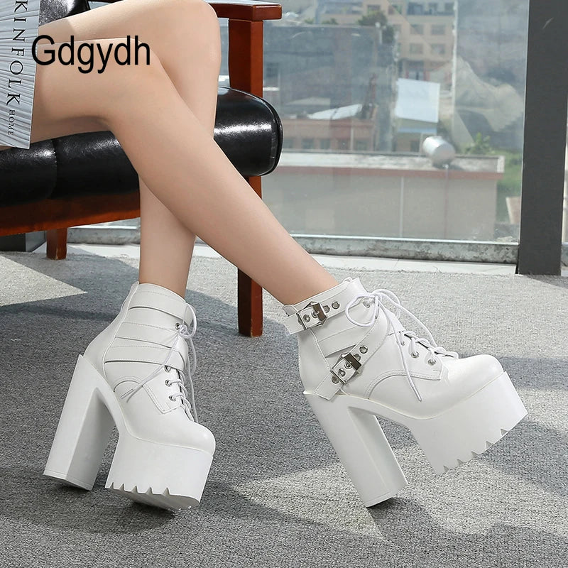 Block Heeled Boots for Women Platform Chunky Moto Boots Crude With High Heel Shoes Nightclub Ankle Buckle Strap Black