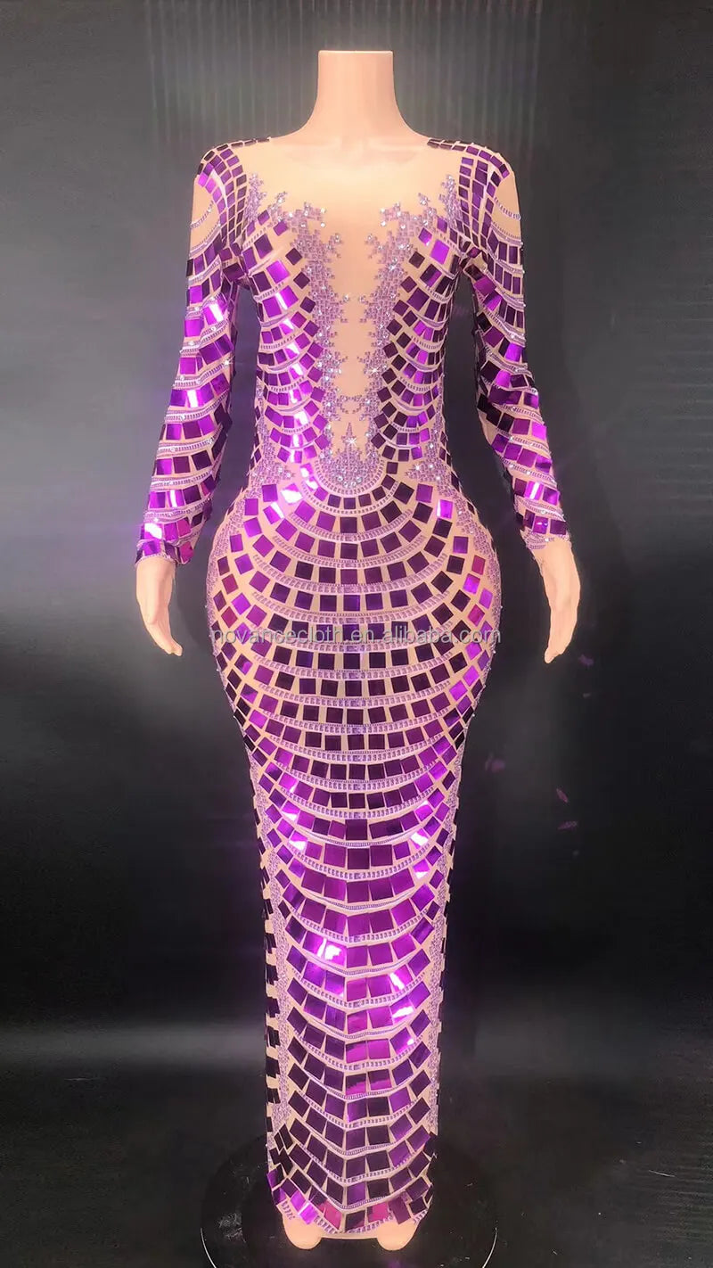 Luxury Glitter Mirror Sequin Formal Dresses Gold/Purple/Silvery Color  Evening Party Night Clubwear Birthday Party Dresses Women Formal Elegant Maxi Gown .