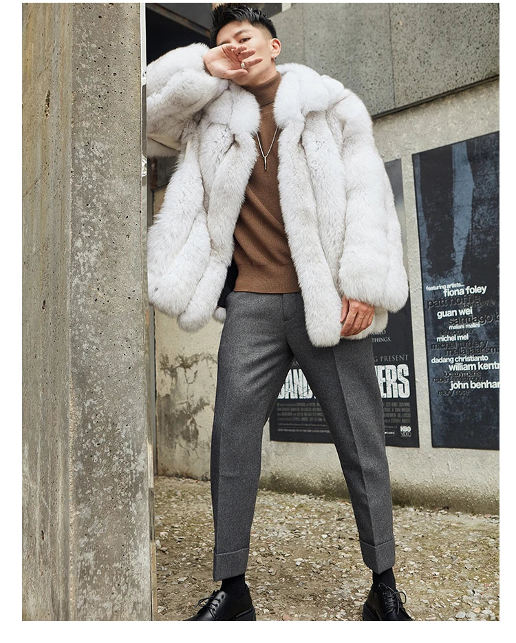 BEST PRICE White/Black Color M-3XL Plus Size Men's New Trendy Male Real Silver Fox Fur Lapel Design Coats Silver Fox Fluffy Furry Fur Coat Fur Jacket Gentleman Luxury Apparel Supplies