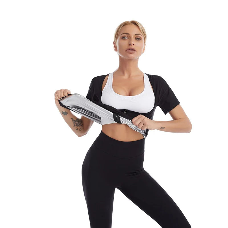 S-5XL Women's Outdoor Running Gym Fitness Waist Trainer Sweat Shirt Sauna Suit for Home Weight Loss Workout Shaper Cincher Slimming T-Shirt Fat Burning Shapewear