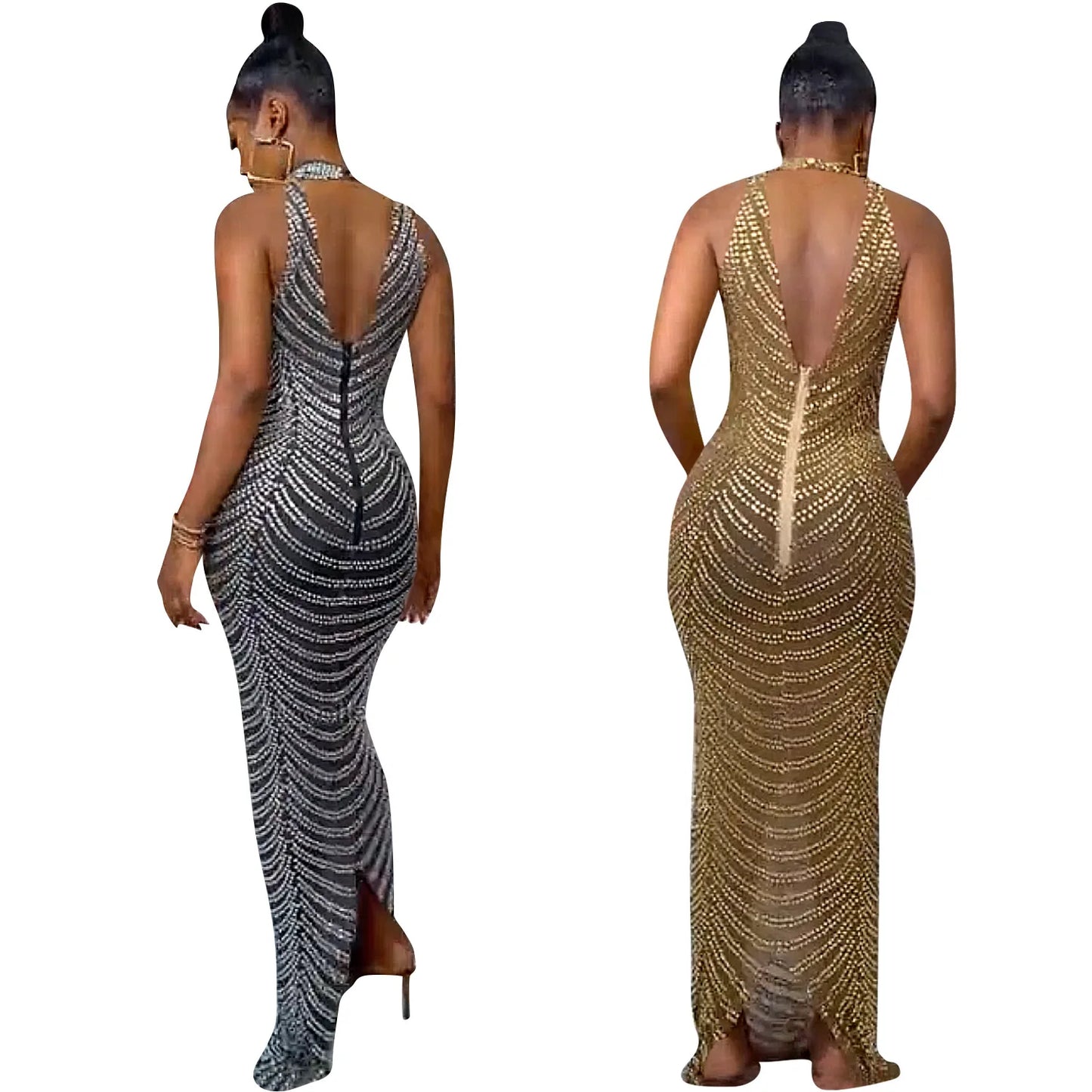 Golden/Black Color Women's Floor-Length Night See Through Evening Luxury Dresses Hot Drill Diamond Beaded Sequin with Natural Waistline Wedding Guest Night Prom Business Dinner Ladies Formal Apparel Supplies