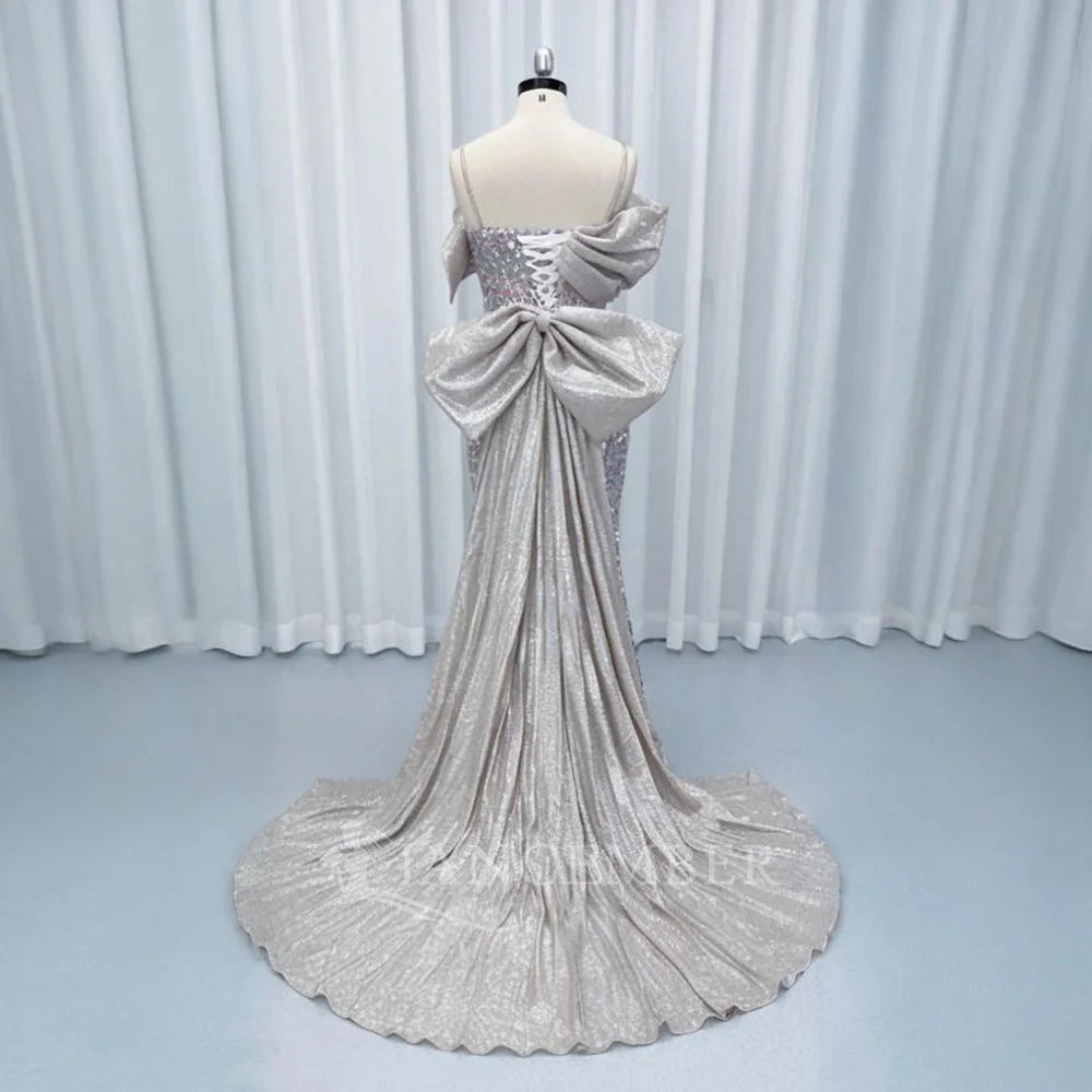 Just Arrived Top Luxury Women High-End Diamonds Rhinestones Crystal Beading Silver Maxi Dress Celebrities Red Carpet Business Dinner  Summer Evening Prom Party Dress Off Shoulder Lightweight Mermaid Gown Formal Apparel Suppli
