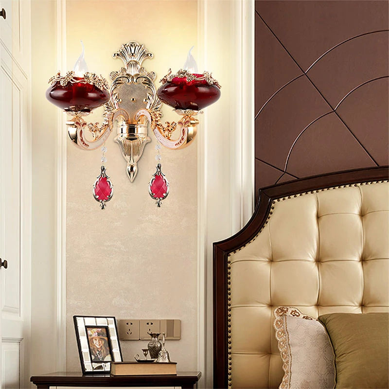 Villa Home Luxury European Red Crystal Wall Lamp Luxury Living Room Bedroom Bedside Lamp Background Wall Corridor Villa Hotel Lighting