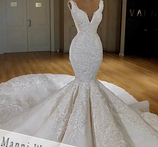 Boutique Gala HOT SALE Just Arrived Ivory/White Color Plus Size Women's V-Neck Sexy Waist Fishtail Temperament High-Quality Trailing Wedding Dress