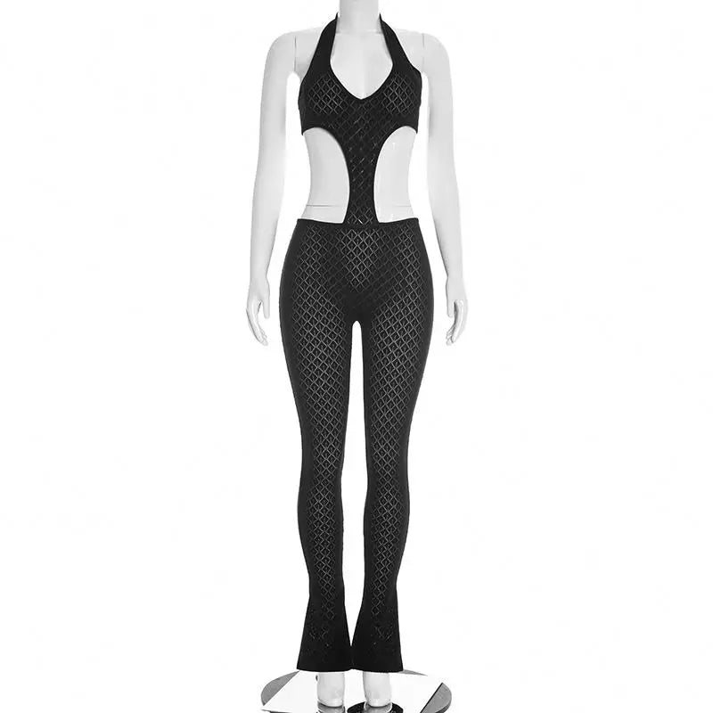 Black/Blue/Burgundy Color  New Halter Cutout Flare Leg Backless Jumpsuit Slim Fit Summer Night Club Playsuit Evening Beach Party Bodysuit Women Sexy Apparel Supplies