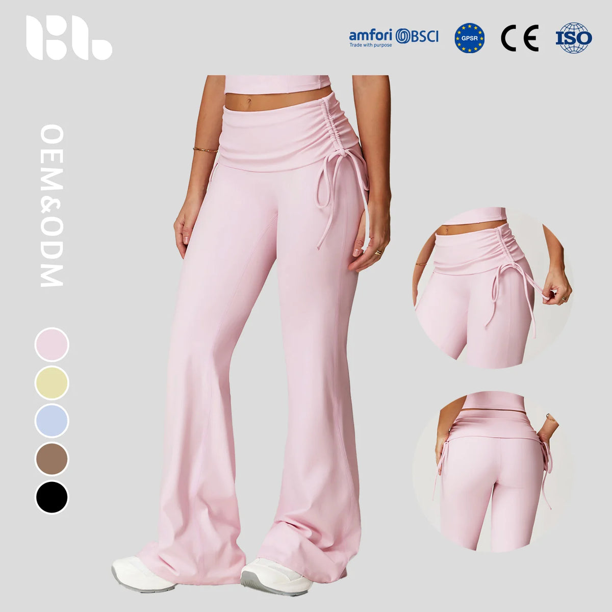 5 Colors S-XL Cross-Border Foldable High-Waisted Tummy Control Ruched Butt-Lifting Flared Pants Nude-Feel Wide-Leg Slimming Long Drawstring Outdoor Sport Activities Pants
