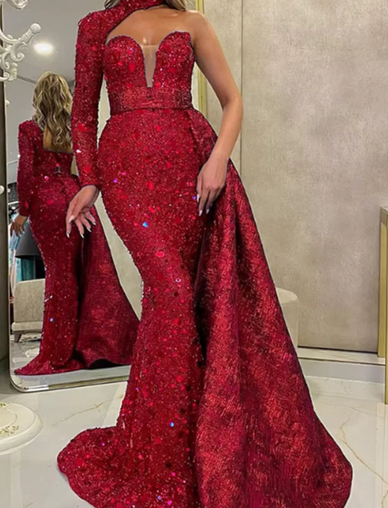 Mother of Bride Royal Blue/Red Color S-3XL Plus Sie Curvy Women's Long Sleeve Elegant Wedding Evening Party Ball Gown Autumn Winter Collection Empire Waistline Floor-Length Bodycon Dress Celebrities Red Carpet Ladies Luxury A