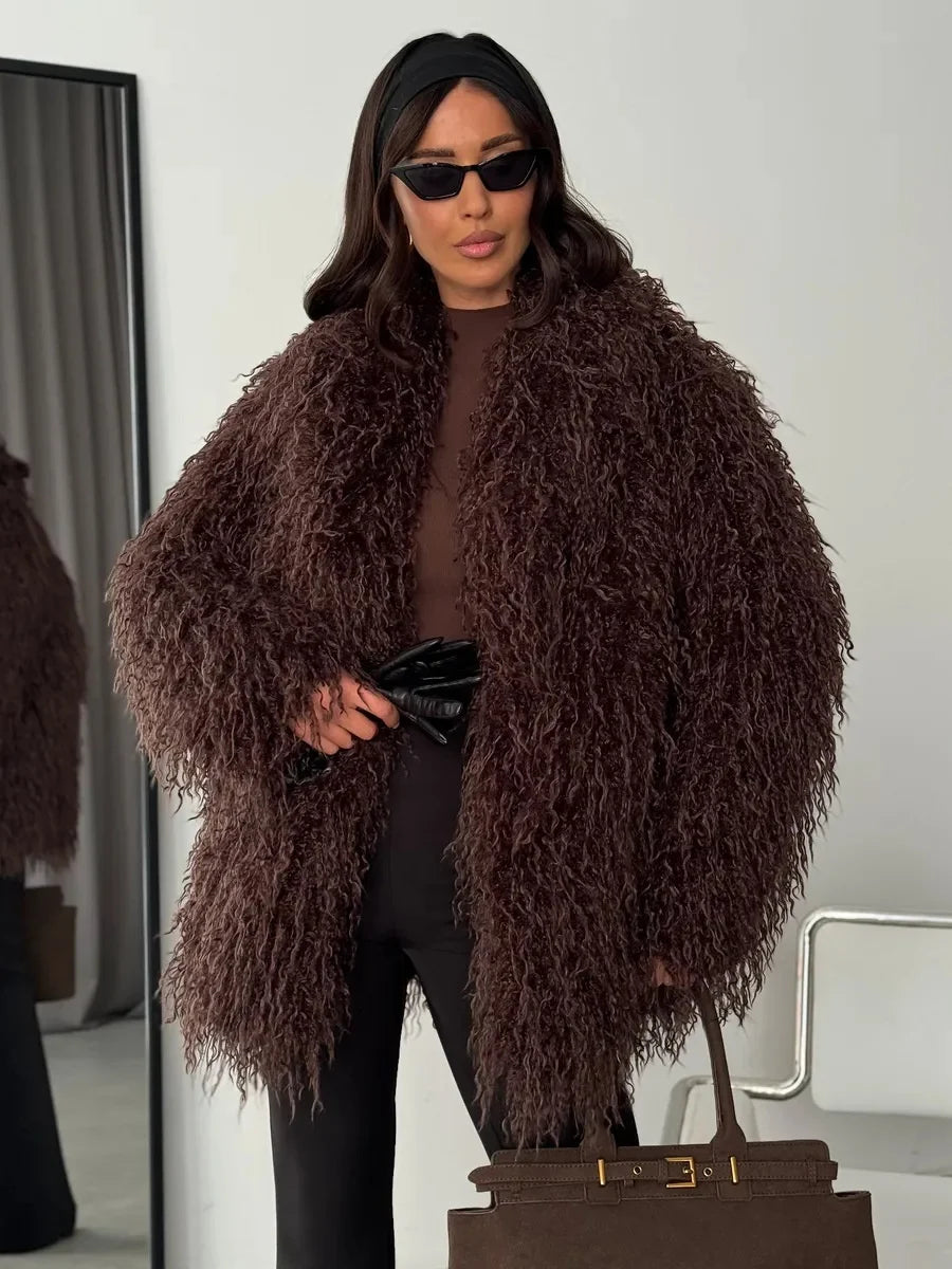 Burgundy/Brown/Khaki Color  Women's Dark Brown Mongolian Lamb Artificial Fur Coat Oversized Shaggy Curly Single Breasted Mid Length Plain Dyed Eco-Friendly Ladies Winter Apparel Supplies