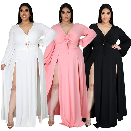 NEW Arrivals XL-5XL Plus Size Elegant Women Lace-Up V-neck Long Sleeve Sexy Plus Size Dresses 5xl Solid Color Split Fork Summer Clothes