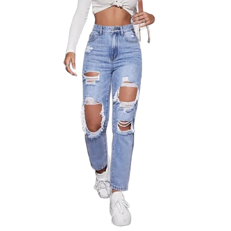 S-2XL Women's Skinny Jeans High Waist Ripped Distressed Y2K Eco-Friendly Casual Summer Autumn Spring Denim Pants Streetwear High Street Clothes Female Casual Clothing Supplies