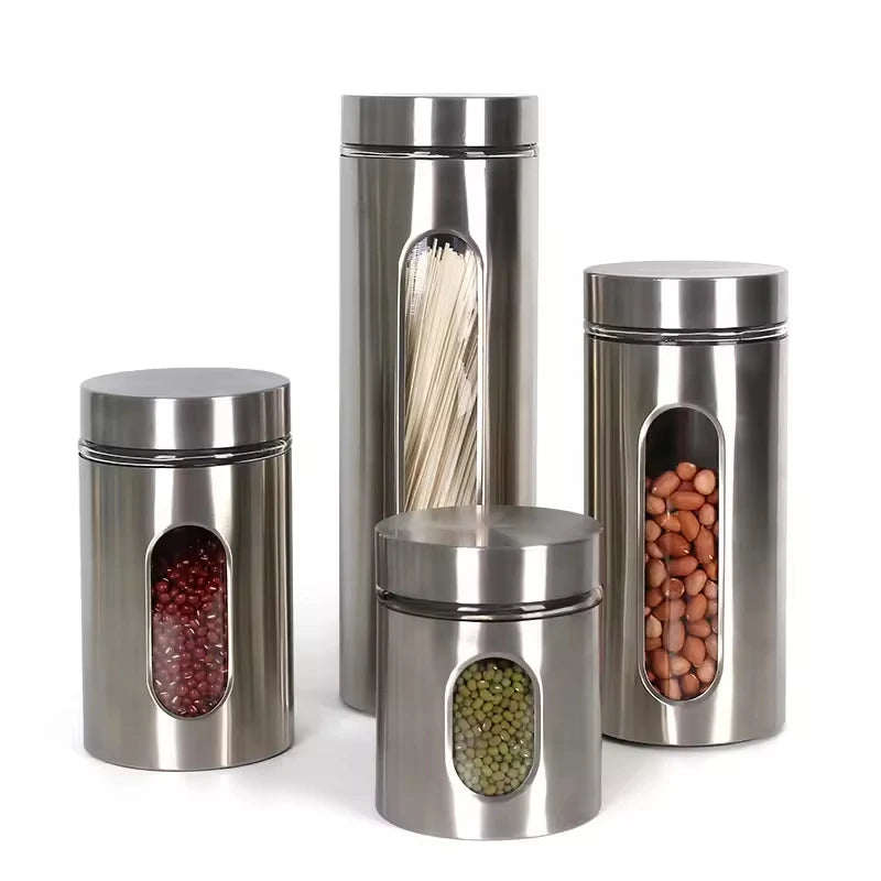 NEW 600/950/1300/1800ml Food Storage Bottles Stainless Steel Clear Dry Food Container with Lids Kitchen Durable Cereal Dispenser Rice Beans Spice Storage Jars Kitchenware Accessories Cooking Tools