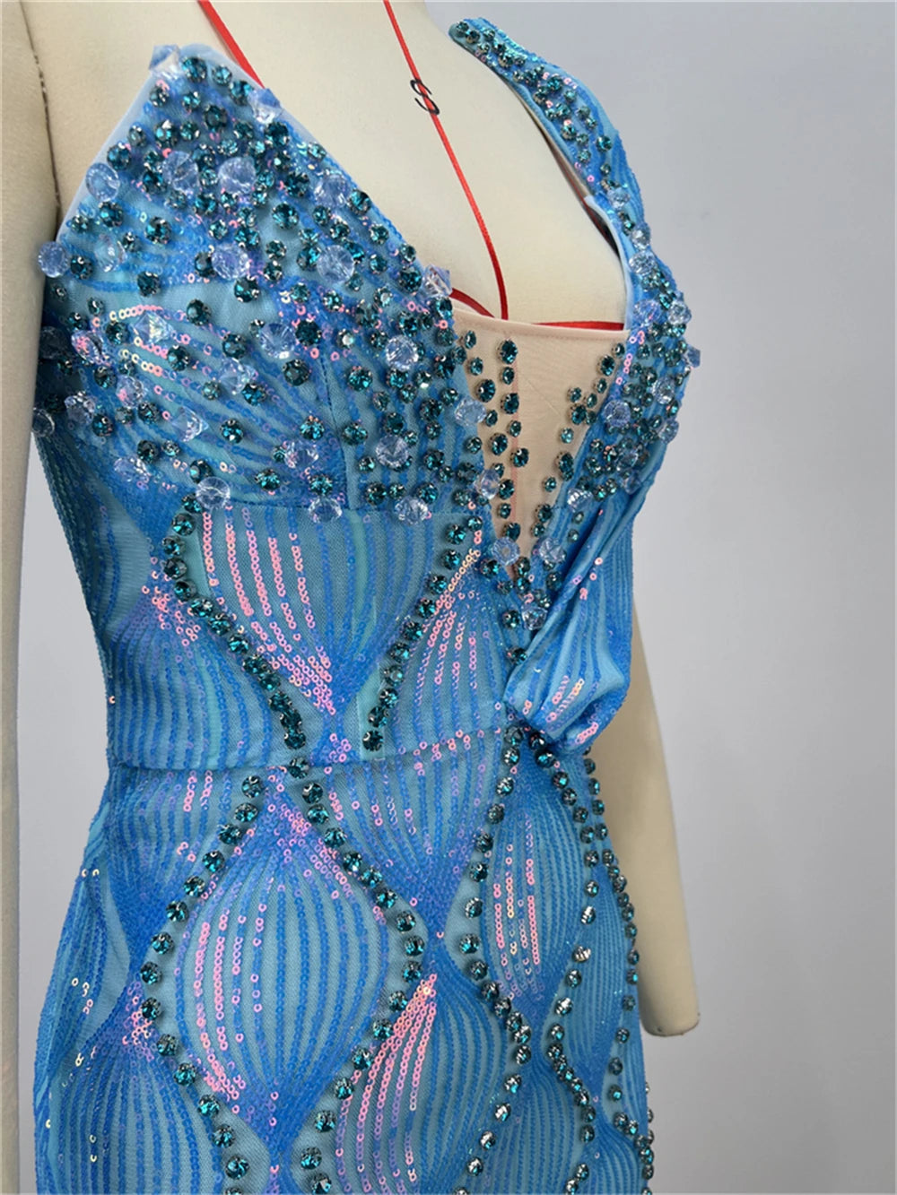 Boutique Gala HOT SALE Top Quality Mini Hand Beading Celebrity Sky Blue Night Clubwear  Evening Prom Party Sequins Sexy Prom Runway Dress Ladies Luxury Apparel Supplies