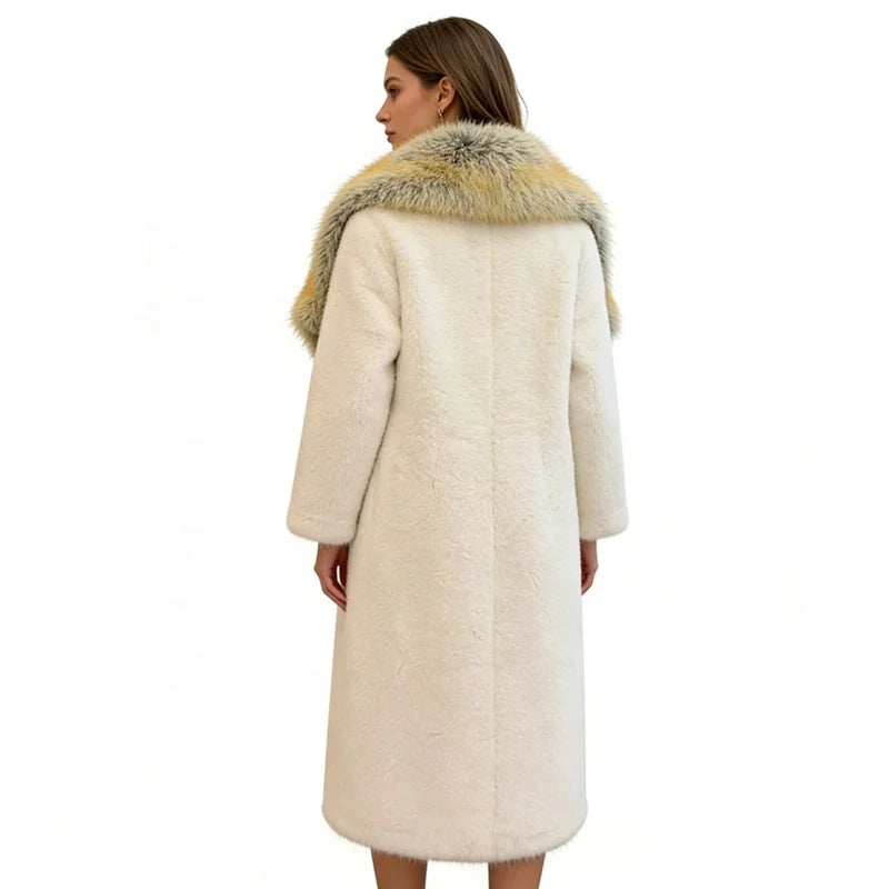 S-2XL Women's Luxury Eco-Friendly Woven Long Artificial Fur Coat Large Fox Fur Collar White Warm Windproof Winter  Down Coat Snow Boots Outerwear Jackets Ladies Luxury Apparel Supplies.