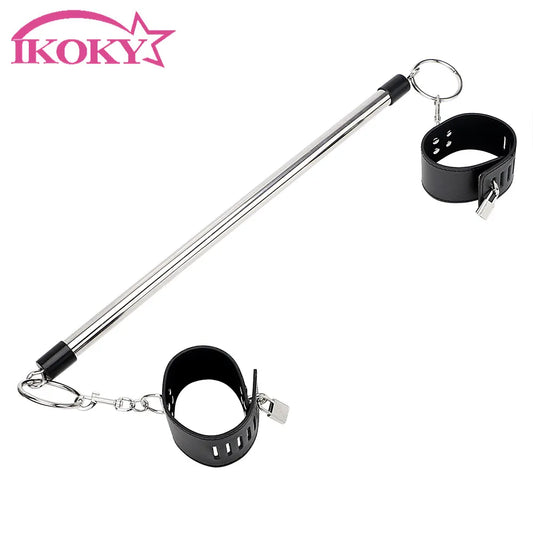 IKOKY Stainless Steel Spreader Bar Leather Wrist Ankle Cuffs Restraint Bondage With Lock Keys Sex Toys For Women Couples