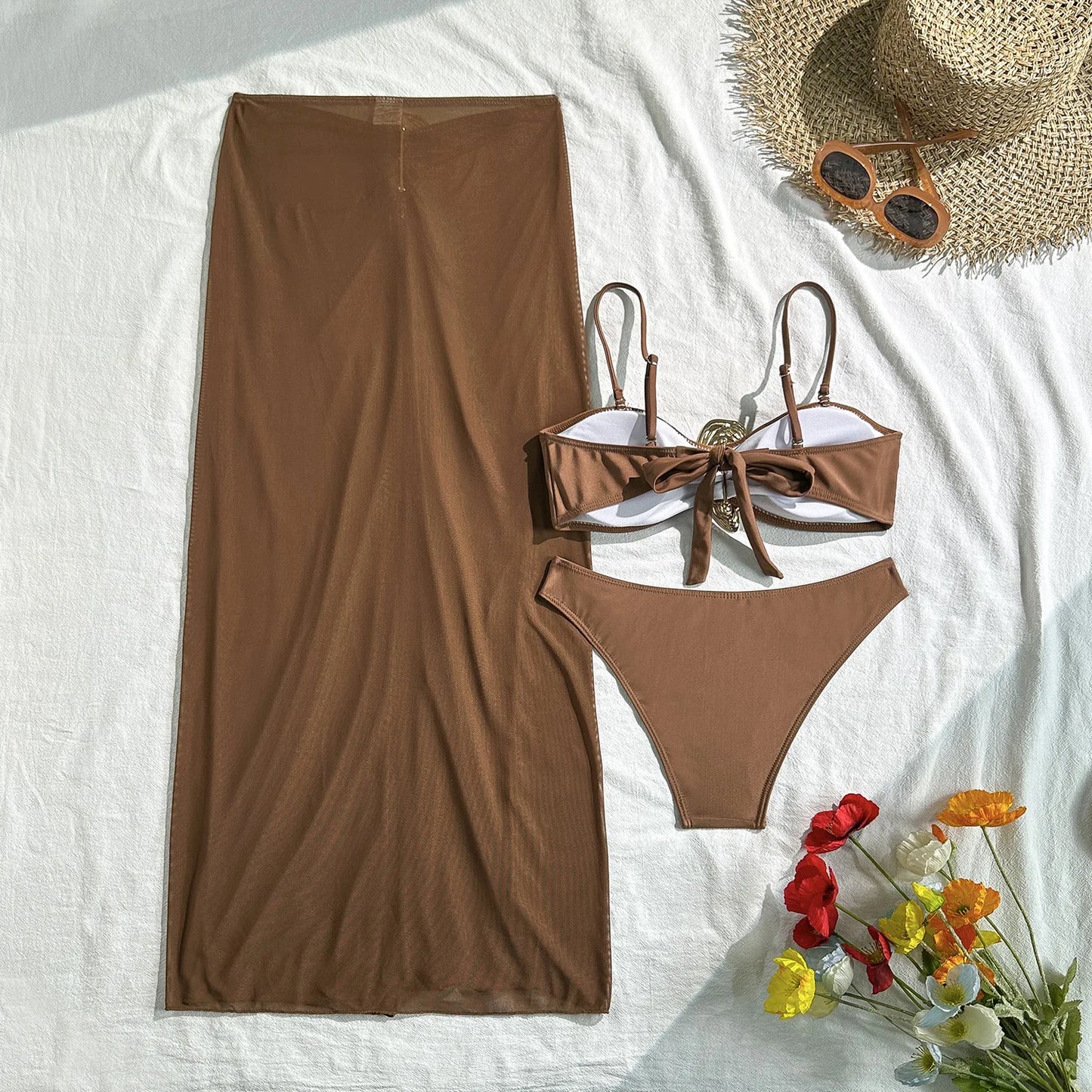 NEW Arrivals 3 PCS Set Black/White/Brown/Red Color Bandeau Top Women Swimwear Brazilian Bikini and See Through Skirt Cover Up S-L Size Summer Vacation Beachwear Swimming Pool Ladies Bathing Apparel Supplies