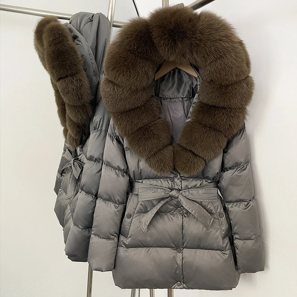 BEST PRICE 15 Colors European High End Winter Hoodie Warm Midi Length Large Real Natural Silver Red Fox Fur Thick Bubble Coats Down Coat Snow Outerwear Parkas Jackets Women Winter Apparel Supplies