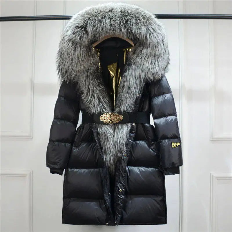TikTok Most Popular (Few Units Left) 4 Colors Women White Duck Down Jacket With Real Natural Silver Red Fox Fur Hood Trim Belted Cinched Waist Slimming Hooded Winter Coat New Design Ladies Winter Apparel Supplies