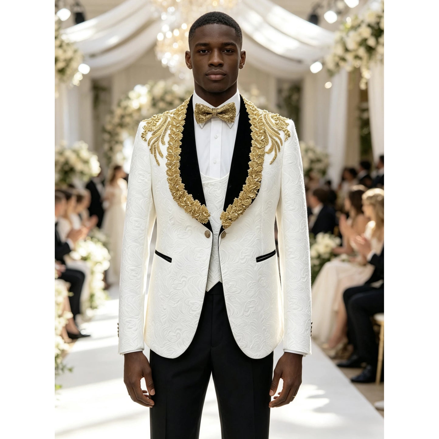 Boutique Gala HOT SALE Handmade White Italian Single Breasted Pleated Groom Tuxedo Gold Beading Slim Fit Breathable Men's Wedding Suit Cs-3XL Plus Size Men's Luxury Apparel Supplies