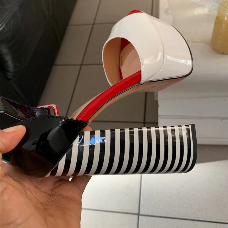 Women High Heels Shoes Sandals Platform Peep Toe Chunky Square Heels Ankle Strap Sandals Black And White Stripes Party Fashion Shoes