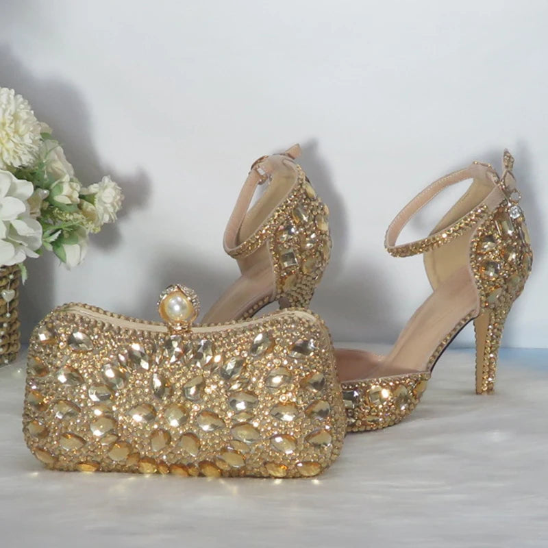 New  Golden crystal Bridals Wedding shoes with matching bags Rhinestone high heels ankle strap women party dress shoes