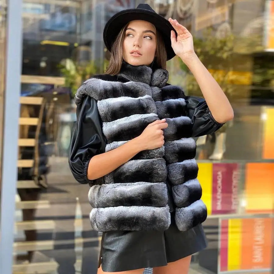 S-3XL 5 Colors Luxury Winter Warm Outerwear Fur Jacket Women Girls Real  Natural Rex Rabbit Fur Coat Chinchilla Colored High Collar Jacket Female Ladies Winter Luxury Fashion Clothing Products