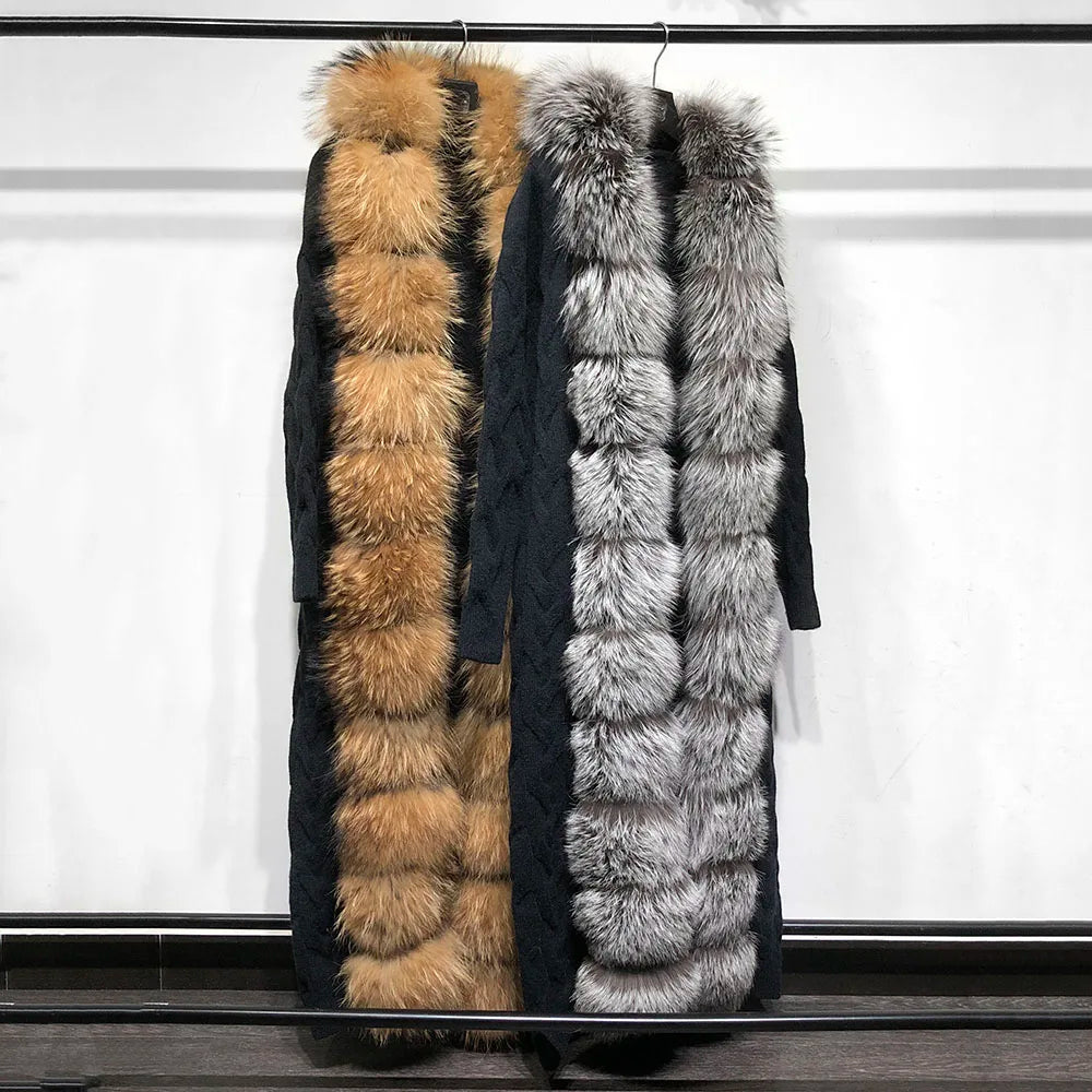 NEW Arrivals Italian Style Women Girls Luxurious Real Fox Fur Cardigan Long Knitted Hooded Sweater, Warm Cardigan, Autumn and Winter Streetwear Supplies Female Ladies Winter Luxury Fashion Clothing Products
