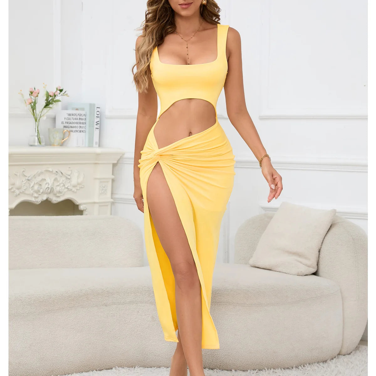NEW Arrivals 4 Colors Boutique Gala Sales Summer New Fashionable Square Collar Strap Solid Color Hollow Sexy Women's Asymmetrical Dress Evening Beach Party Night Clubwear Slit Dress Ladies Sexy Apparel Supplies