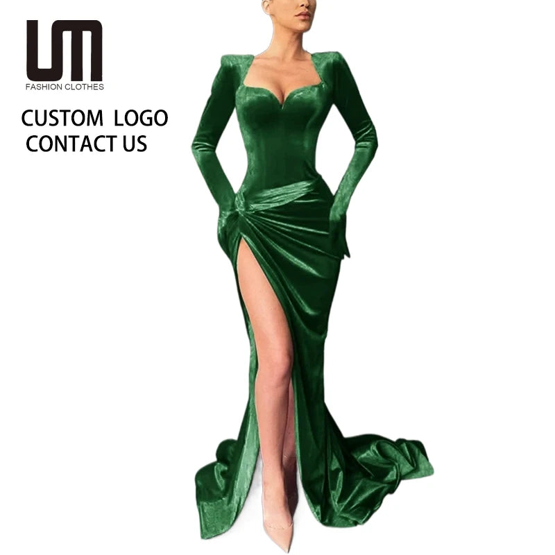 Boutique Gala HOT SALE Black/Blue/Pink/Green/ Red Color Luxury Velvet Evening Party Women Celebrities Red Carpet Wedding Guest Sexy V-Neck Long Sleeve Sweep Train Velvet Gown, Business Dinner Prom Ladies Luxury Apparel Suppli