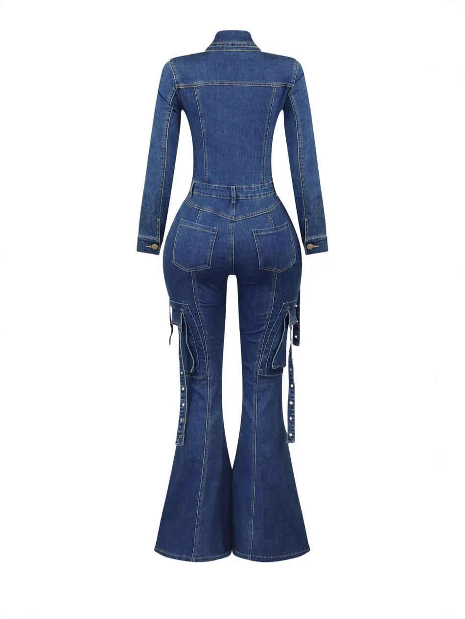 S-2XL Women Slim-Fit Flared Pants Multi-Pocket Denim Jean Jumpsuit Fashion Streetwear Bodysuit Casual Apparel Women Clothing Supplies