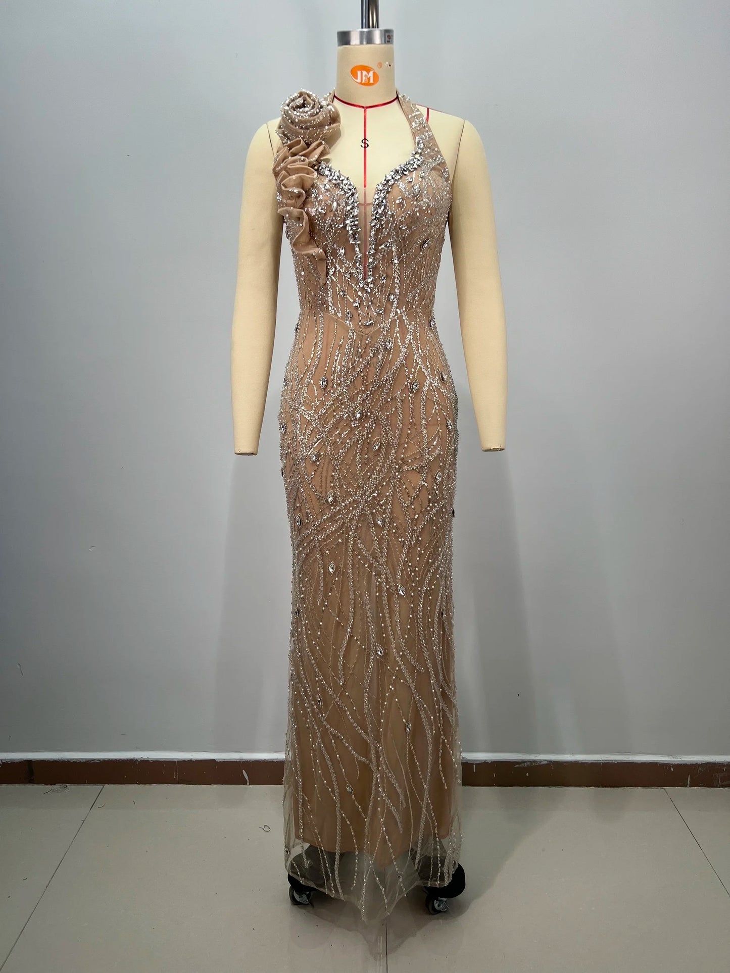 Boutique Gala HOT SALE Top Luxury Champagne Gold Crystal Beaded Halter Celebrities Red Carpet Floor-Length Dresses Flower Sequins Sleeveless Backless Business Dinner Evening Prom Party Formal Mermaid Maxi Long Gown Ladies For