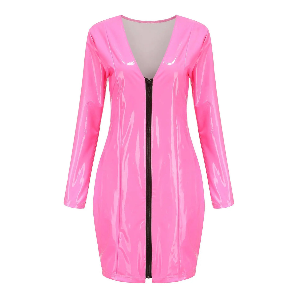 NEW Arrivals Zipper PU High Elastic Deep V-Neck Four Side Stretch Bodycon Women's Mini Dresses Spring Autumn Summer Fashion PU Leather Evening Party Night Clubwear Mini Dress