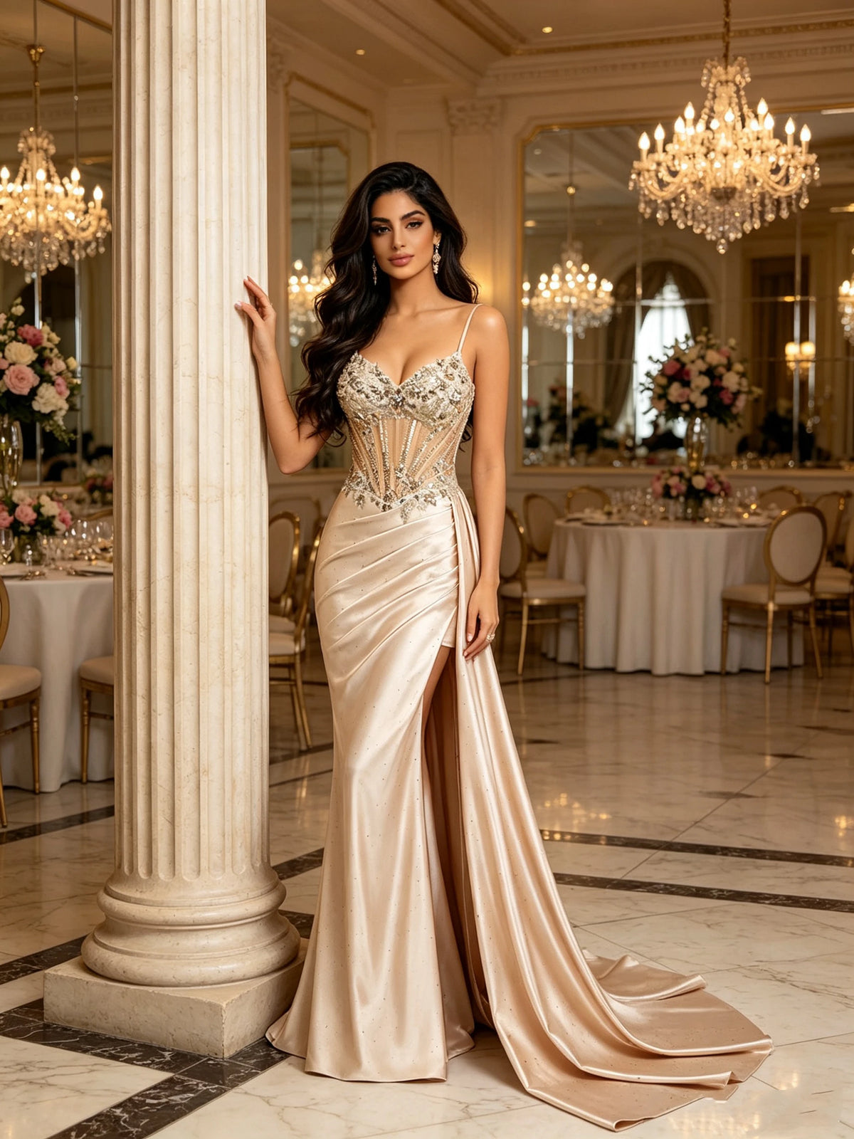 Mother of Bride Luxury Champagne Gold Mermaid Wedding Evening Prom Party Dress Sheer Boned  3D Sequin Embroidery Satin Evening Gown High Slit Lace-Up Back Wedding Guest Red Carpet Celebrities Mermaid Gowns