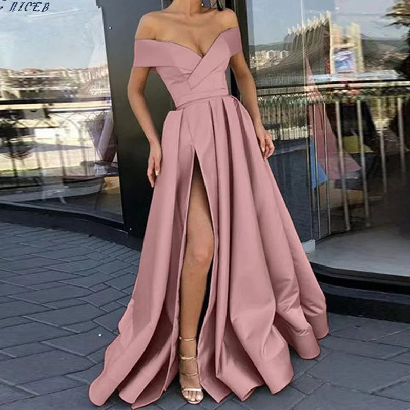 5 Colors Women Sexy V-Neck Evening Party Night Clubwear Long Maxi Dress Solid Elegant Sleeveless High Slit Dress Lady Fashion Off Shoulder Pleated Gown Ladies Sexy Apparel Supplies