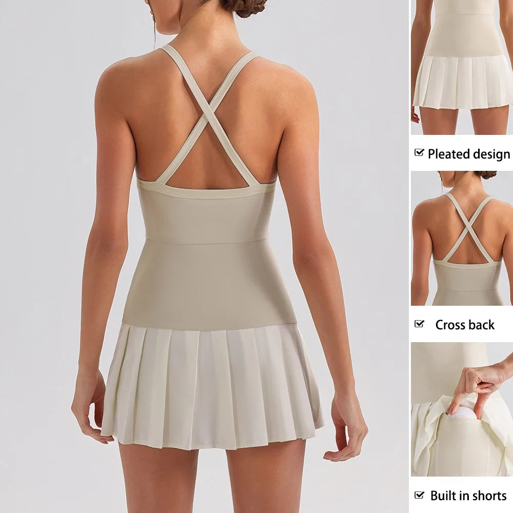 NEW Arrivals Women Luxury One Piece Sexy Cross Back Tennis Dress Built-In Shorts with Pockets Chest Pad High Stretch Breathable Dress for Pickleball Activewear Workout Mini Dress Women Sports Clothing Supplies