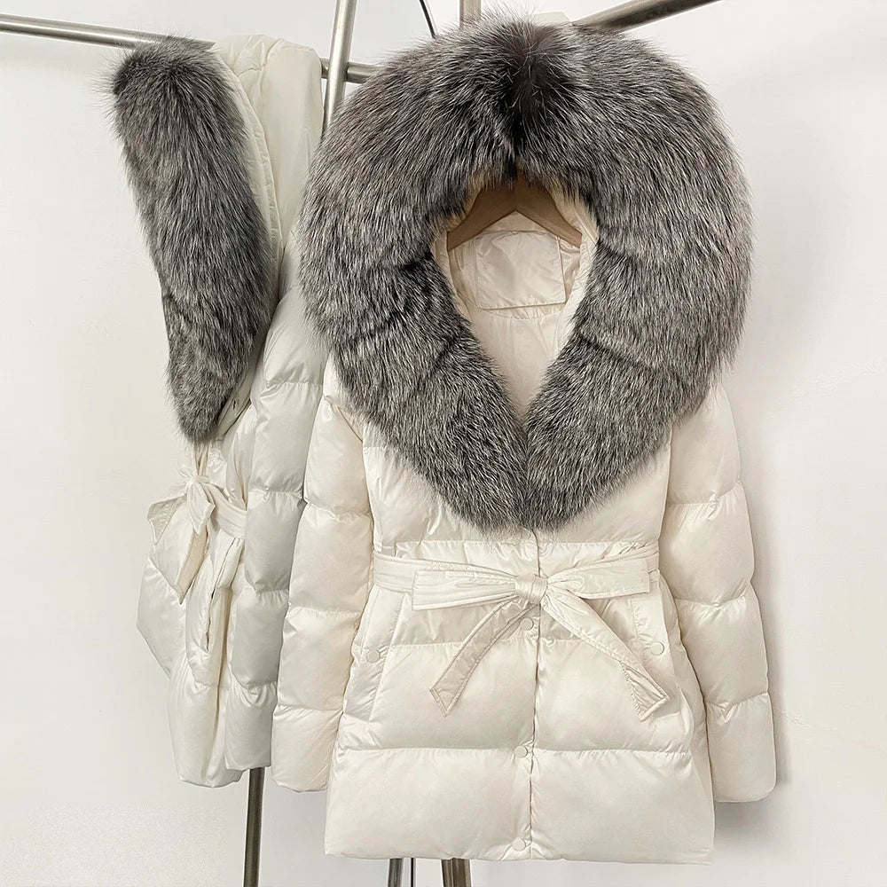 BEST PRICE 15 Colors European High End Winter Hoodie Warm Midi Length Large Real Natural Silver Red Fox Fur Thick Bubble Coats Down Coat Snow Outerwear Parkas Jackets Women Winter Apparel Supplies